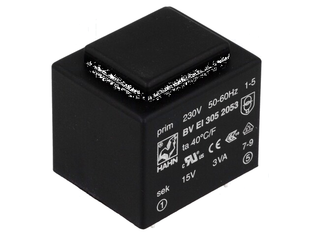 Transformator: ingegoten; 3VA; 230VAC; 15V; 200mA; PCB; BVEI Transformator: ingegoten; 3VA; 230VAC; 15V; 200mA; PCB; BVEI